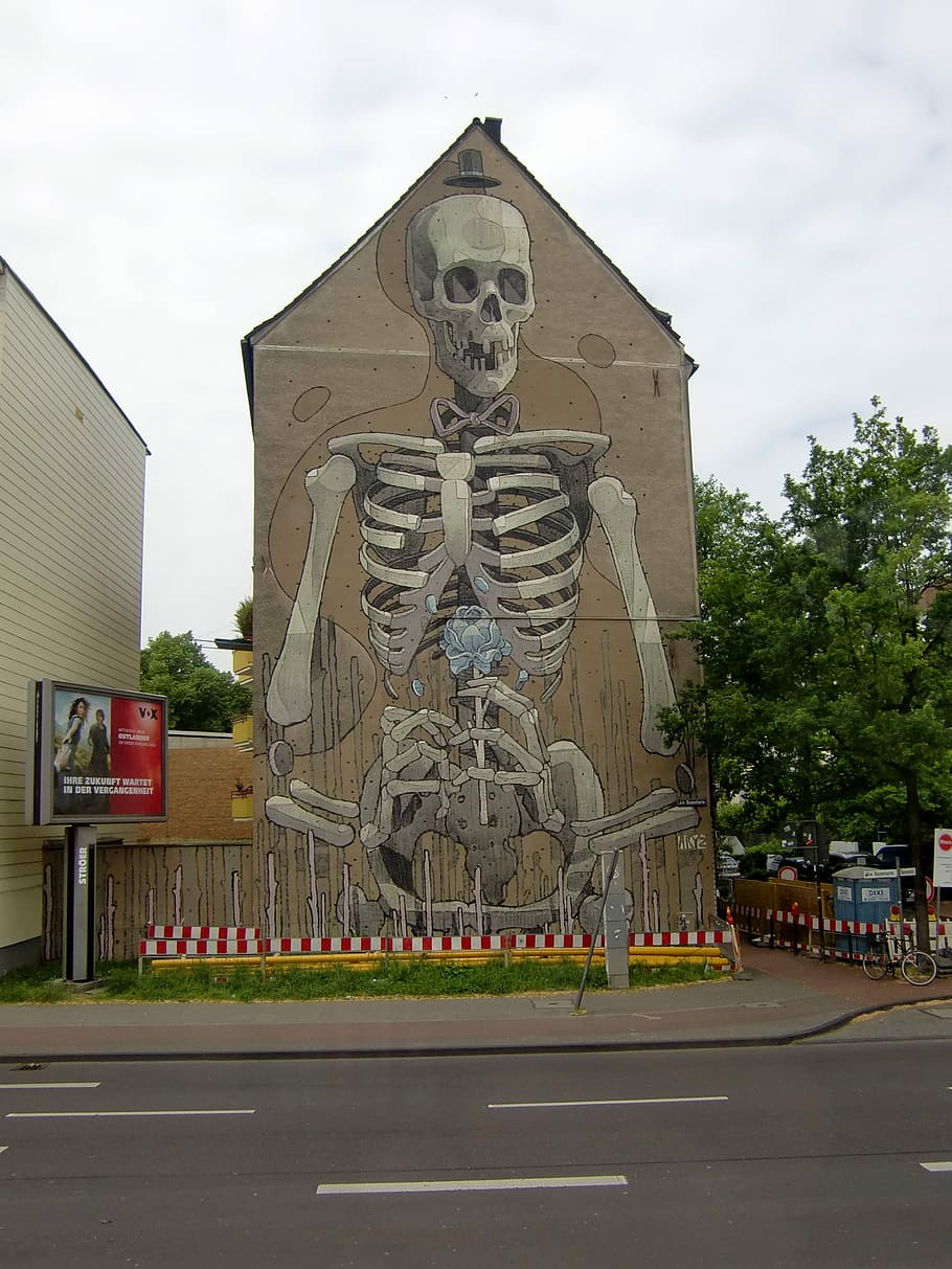 Cologne, Beranda, Arsitektur, Fasad, bangunan, grafitti, seni, kerangka, tulang, lucu