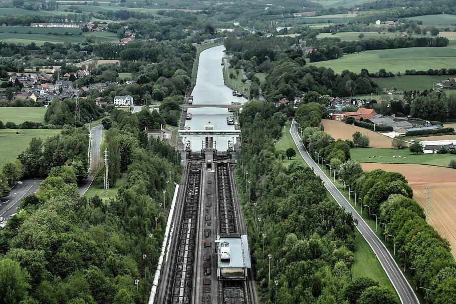 inclined plane of ronquières, hoist, charleroi-bruxelles canal, henegouws plateau, channel, inland, tree, plant, high angle view, transportation