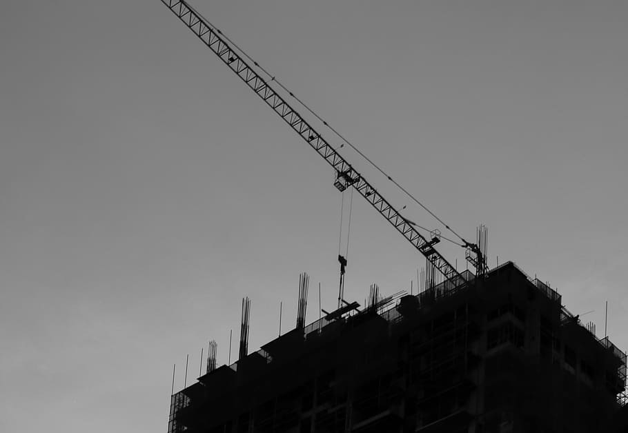 silhouette, building, gray, scale, architecture, infrastructure, sky, black and white, construction, crane