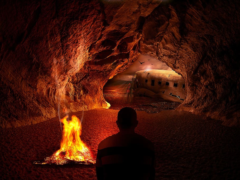 man, campfire, cave photo, cave, fire, desert, landscape, nature, travel, stone