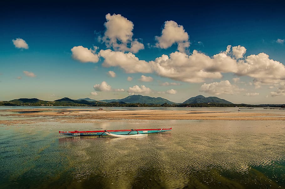 boat, sky, and pond, water, cloud - sky, mountain, scenics - nature, nautical vessel, beauty in nature, transportation