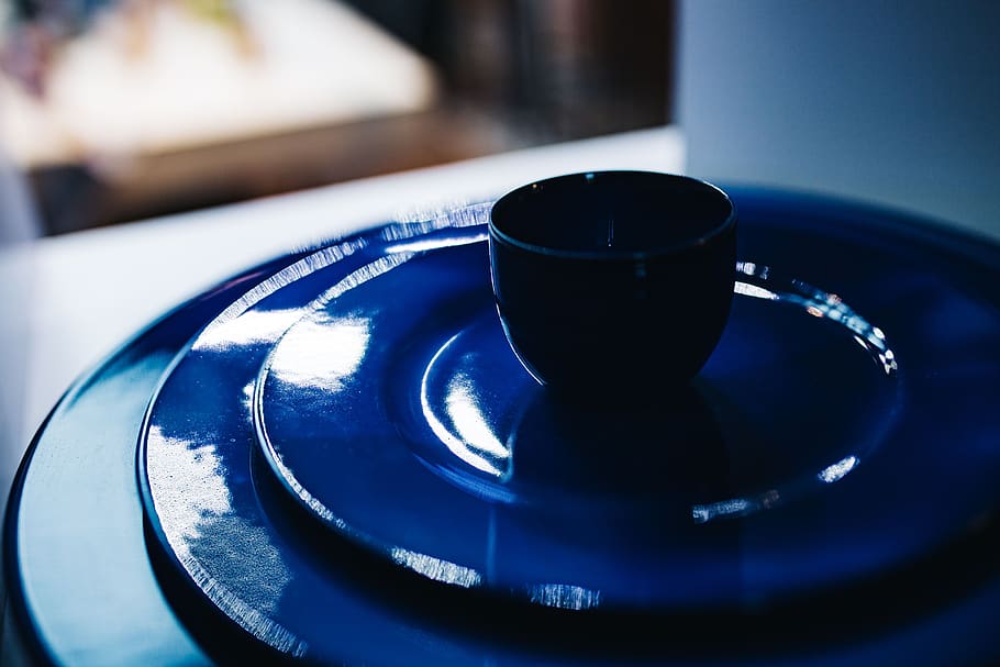ceramic, pottery, dishes, dishware, kitchenware, tablecloth, Collection, cup, mug, blue