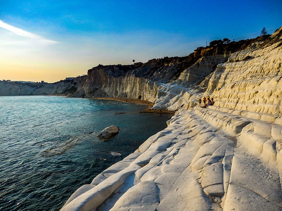 rippling, body, water, surrounded, rock formation, landscape, nature, cliff white, scala dei turchi, sicily