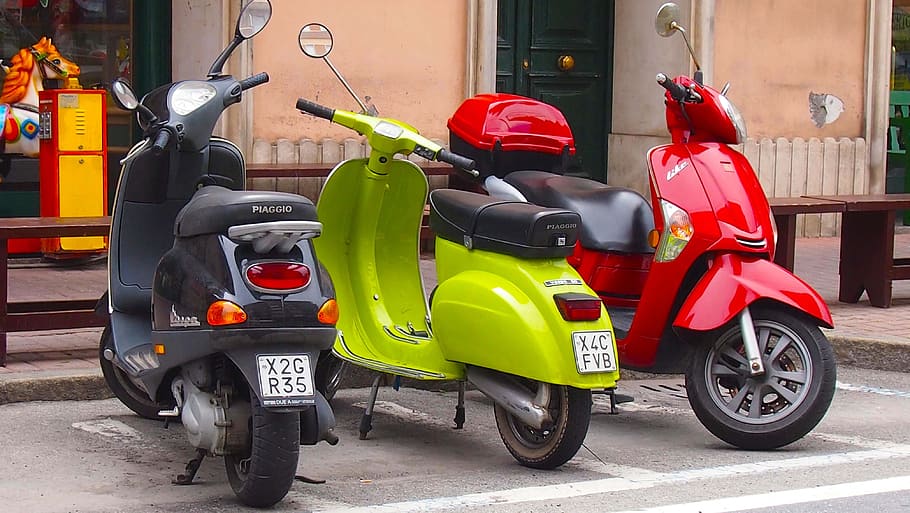three, gray, green, red, motor scooters, parked, beneath, stores, scooter, motor-bike