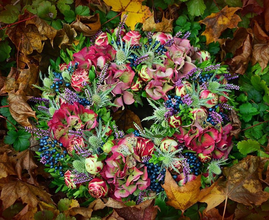 green, multicolored, flower wreath, autumn, wreath, arrangement, decoration, floral wreath, autumn decoration, pink
