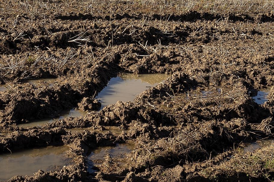 arable, arable land, wet, muddy, rain, guide, agriculture, ground, earth, furrow