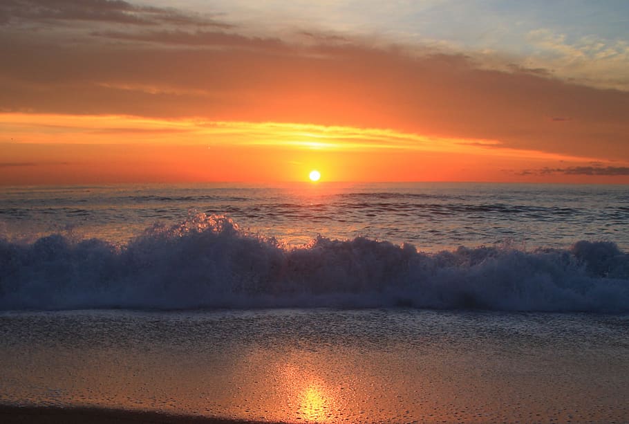 sunrise, ocean, sky, red, waves, morning, seaside, beach, sunset, water