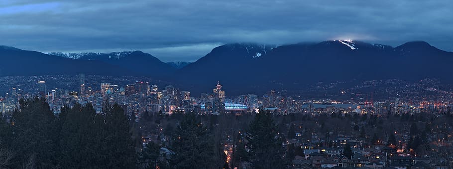 Downtown Vancouver, Huge, pano, Queen Elizabeth Park, cityscapes at night, mountain, architecture, city, building exterior, cityscape