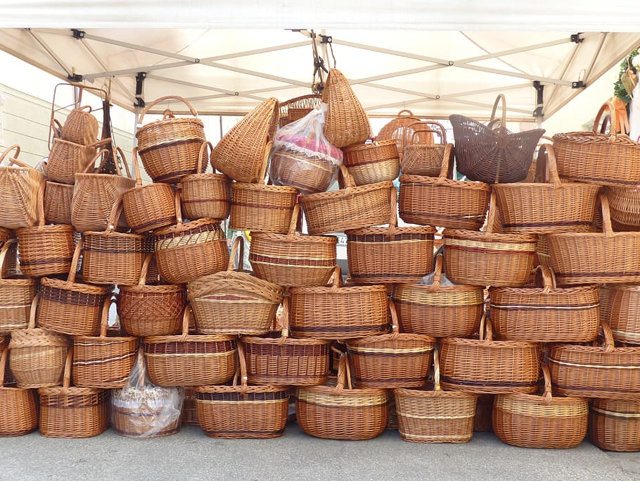 brown, wicker basket lot, piled, inside, white, canopy tent, Baskets, Carry Cot, Shopping Basket, woven