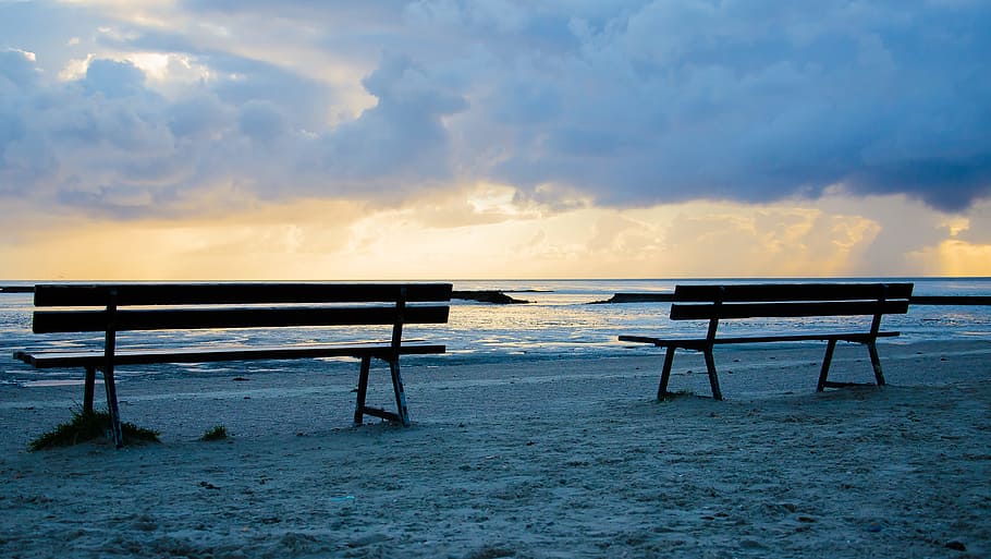 two, brown, wooden, bench, front ocean wave, sunset, wooden bench, front, ocean wave, benches