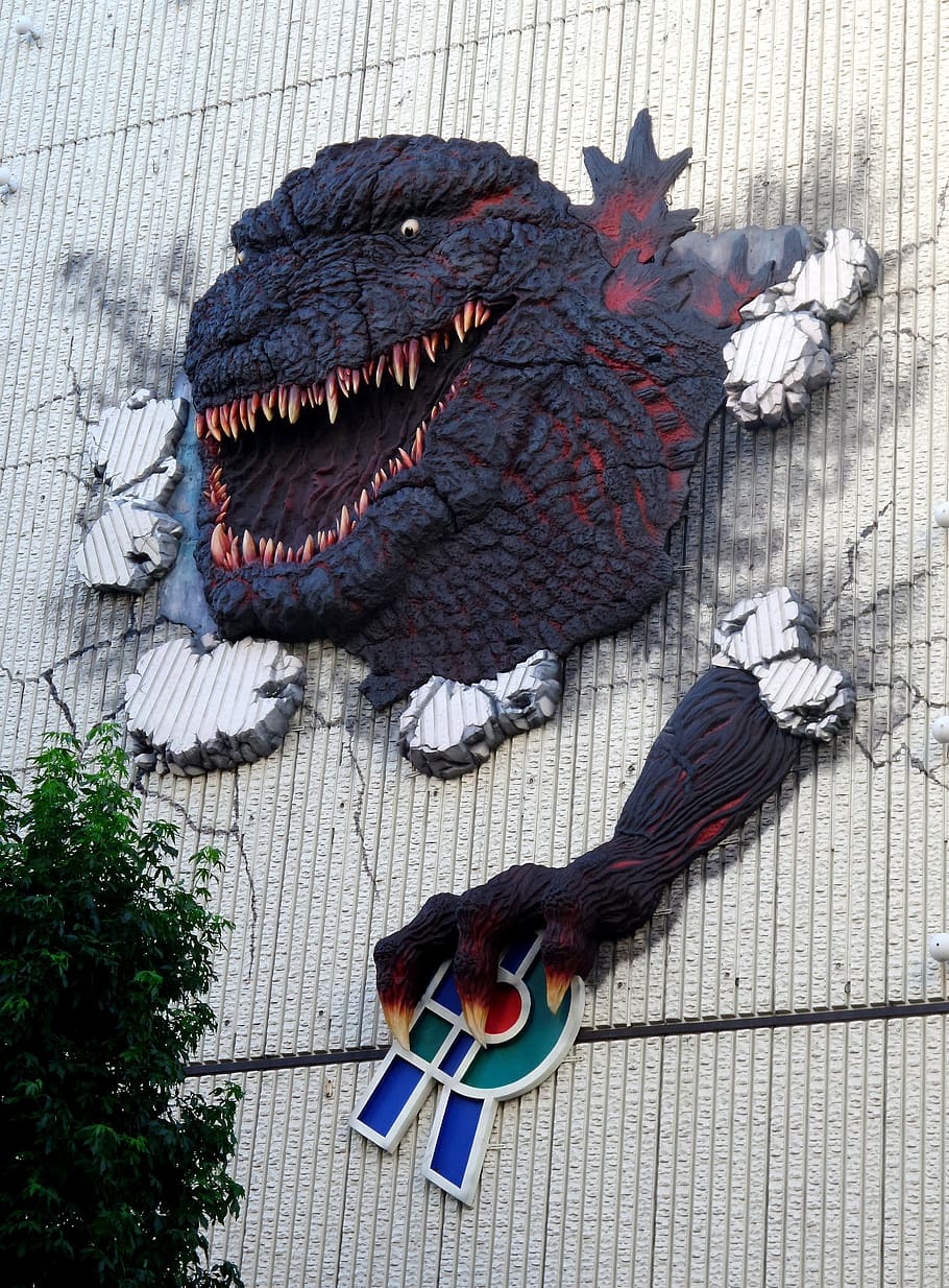 monster, wall decor, Tokyo, Godzilla, Wall, Advertising, high angle view, wool, indoors, day