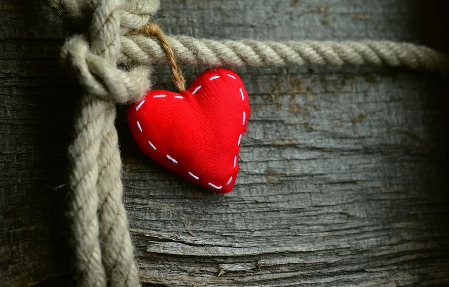 heart-shaped red pillow, heart, red heart, rope, loyalty, love, friendship, mourning, dew, wood