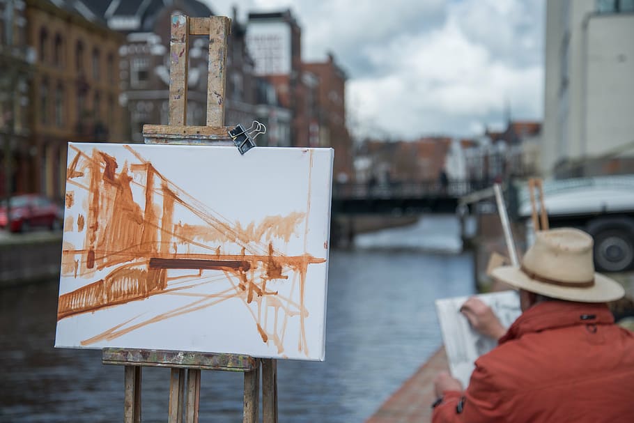 man painting, suspension bridge, paint, artist, work, color, painter, creative, creativity, draw