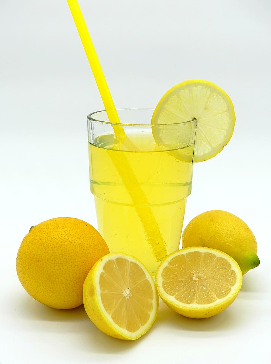clear, glass cup, filled, lemon juice, lemonade, lemon-lime soda, drink, erfrischungsgetränk, lemons, fruits