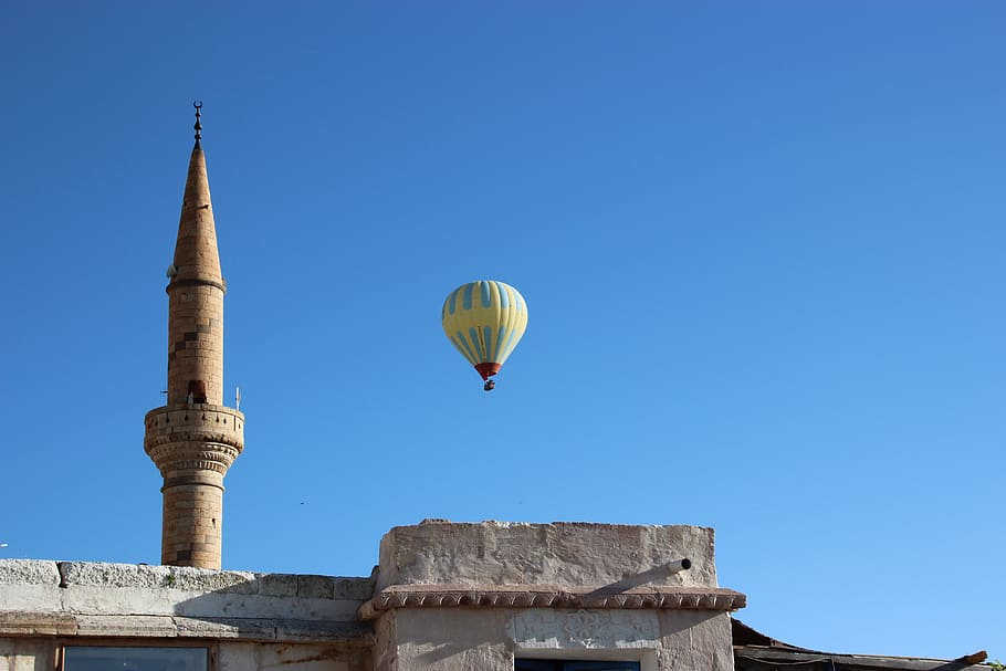 kalkun, naik balon udara, masjid, balon udara panas, balon, cappadocia, pariwisata, menara, kalkun pusat, petualangan