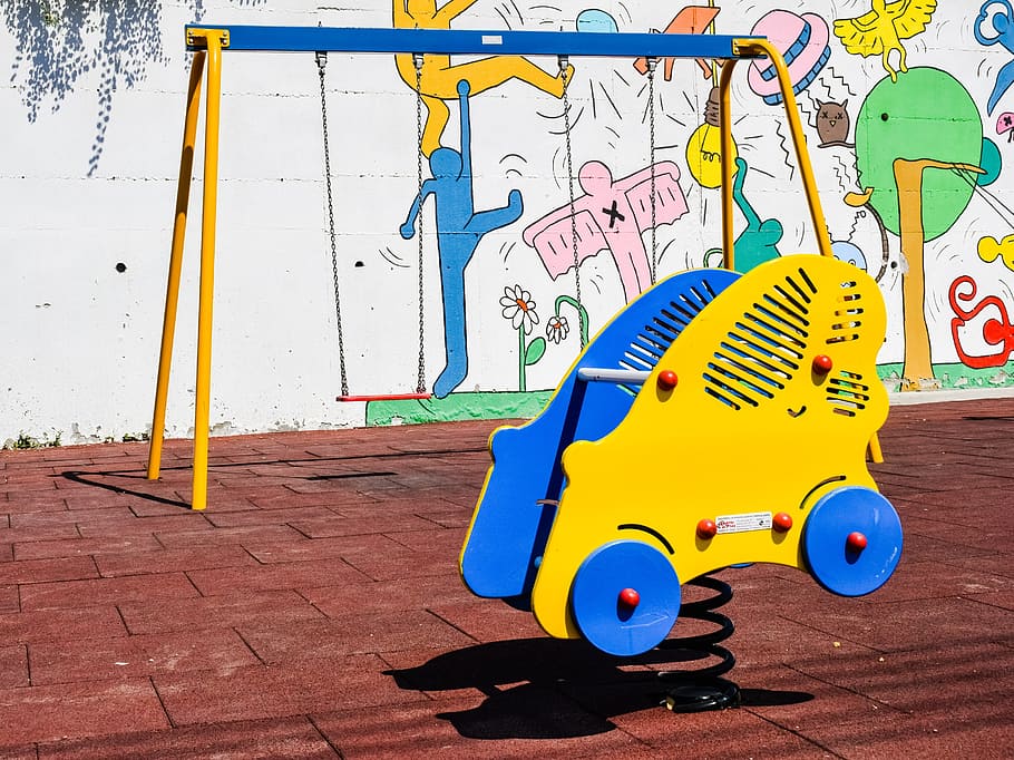 playground, car, swing, kindergarten, kids playground, preschool, colorful, multi colored, childhood, graffiti