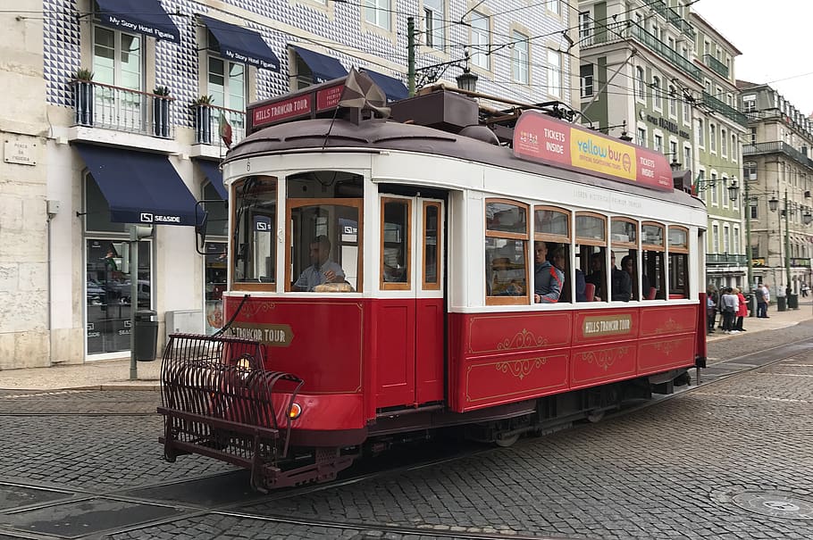 tram, city, portugal, lisbon, transport, transportation, travel, building exterior, architecture, built structure