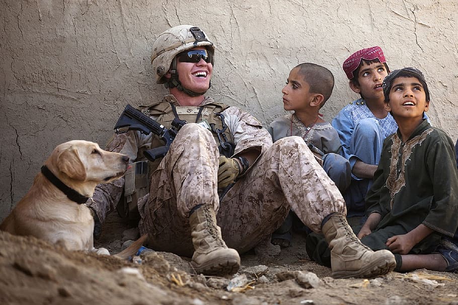 soldier, sitting, three, children, adult, yellow, labrador retriever, military, uniform, american