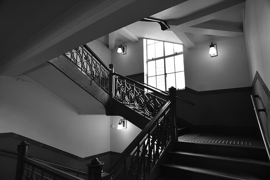 old architecture, old building, old mansion, old staircase, retro space, without people, light from the window, antique, noir, old