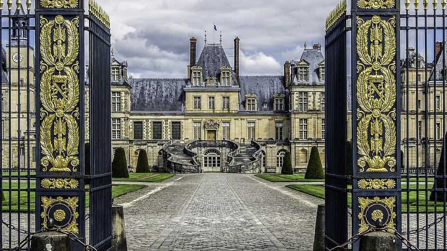brown, gray, concrete, building, gate, daytime, castle of fontainebleau, residence, royal, french