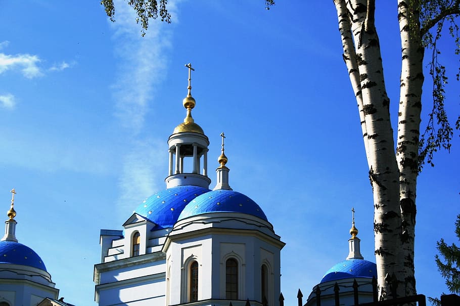 cathedral, church, building, white, blue, domes, arches, golden crosses, birch tree, blue sky