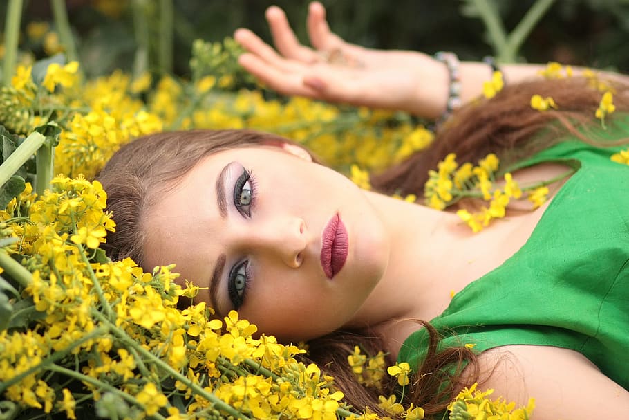 woman, lying, yellow, petaled flowers, wearing, green, sleeveless dress, girl, flowers, beauty