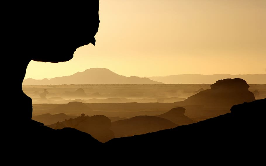 silhoutte of mountain, silhouette, cliff, mountain, distance, nature, landscape, mountains, sky, sepia