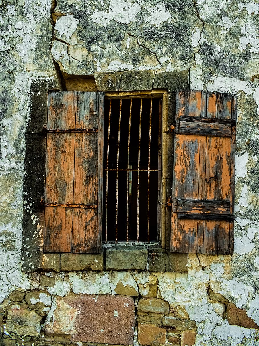 brown, opened, window, attached, wall, old, weathered, aged, damaged, architecture