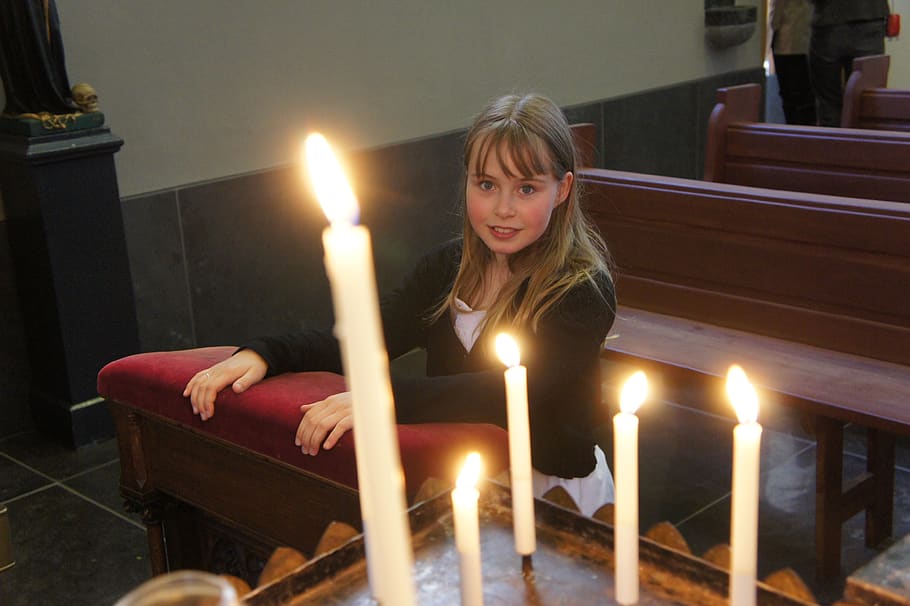 candles, church, girl, candle, burning, fire, one person, flame, heat - temperature, fire - natural phenomenon