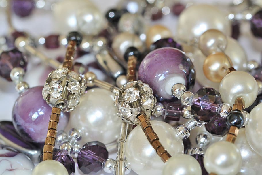 manik-manik, ungu, putih, band, closeup, foto, perhiasan, rantai, kalung, cantik