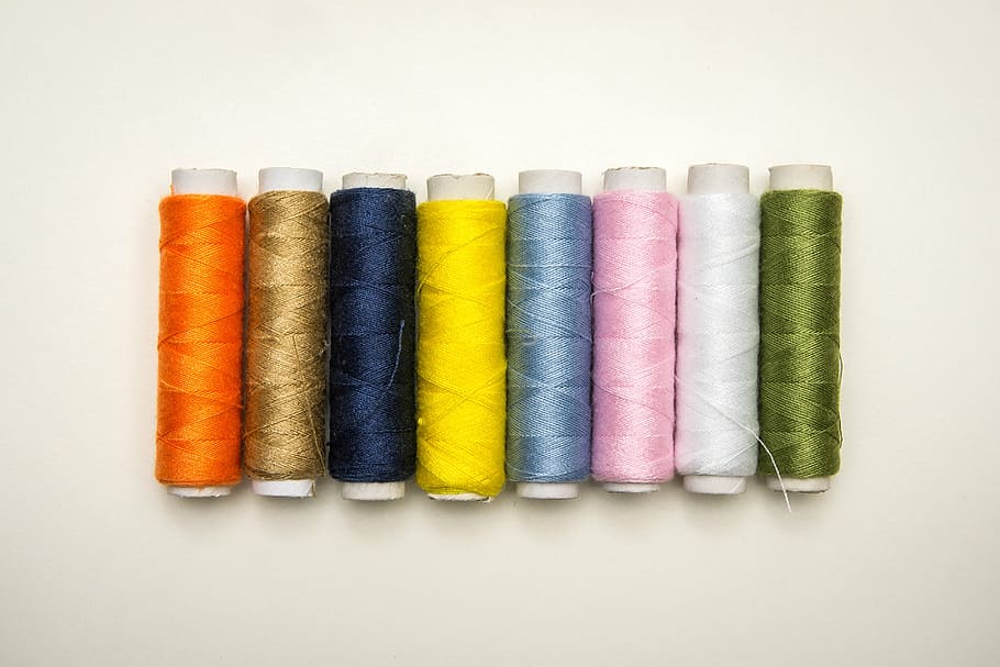 eight, thread rolls, white, platform, thread, sewing, failure, workbasket, cloth, plush