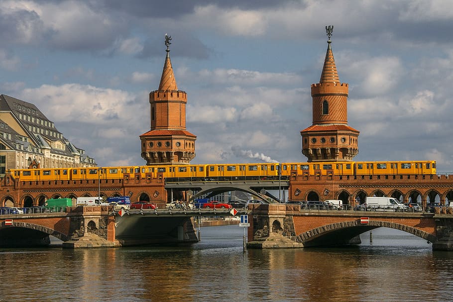 bridge, castle posts, daytime, berlin, spree, oberbaumbrücke, sky, metro, river, architecture