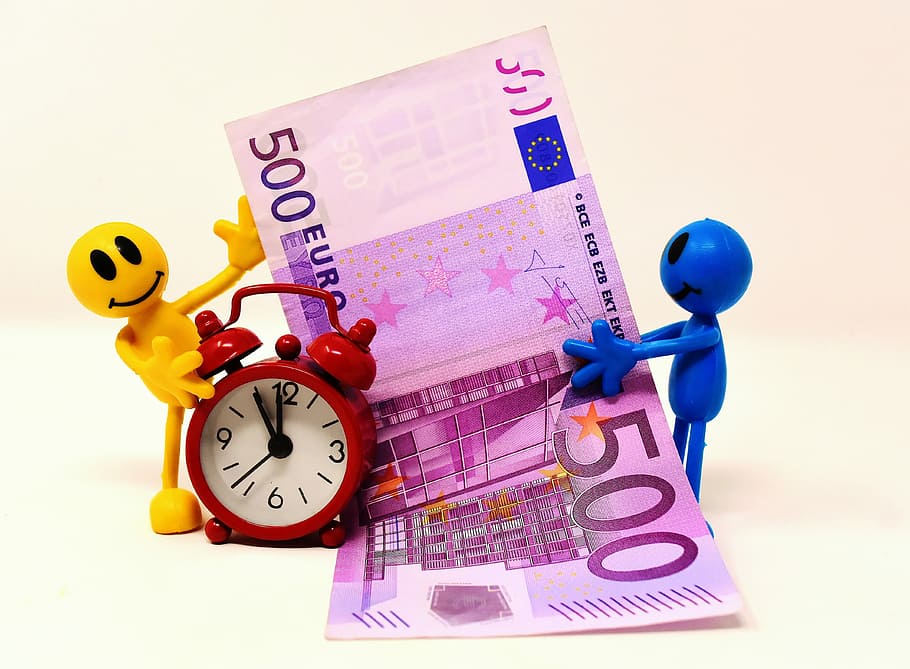 Notas de 500, tempo é dinheiro, nota de banco, moedas, figuras, engraçado, relógio, tempo indicando, dinheiro, euro