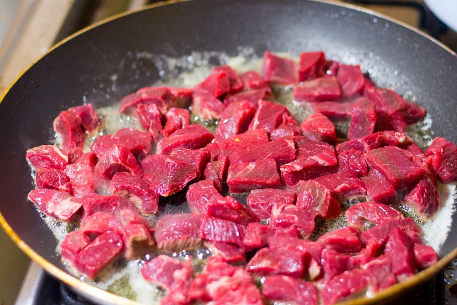 carne a la sartén, freír, carne, carne de res, cocina, sartén, sabor, comida, mięsko, carne roja