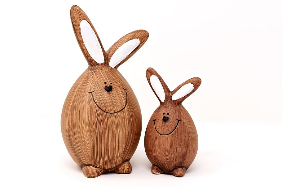 two, brown, wooden, animal decors, rabbit, easter bunny, easter, funny, figures, decorative