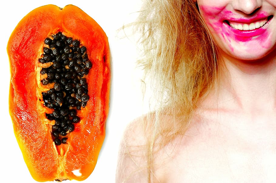 papaya, girl, tropical, fruit, female, orange, seeds, people, young, health