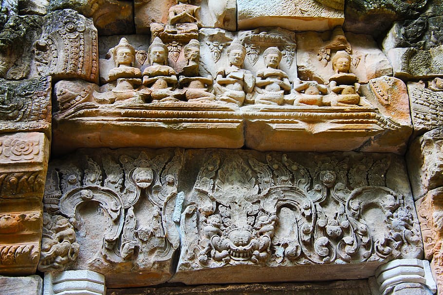 low, angle photo, embossed, buddha, concrete, wall, ta prohm temple, tomb raider fame, temple, travel