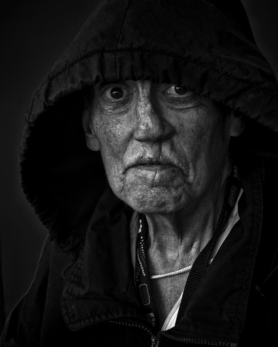 man, wearing, black, zip hoodie, People, Portrait, Woman, Poverty, elderly, b w