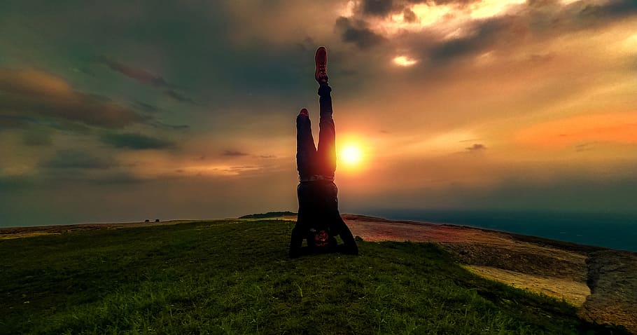 sunset, yoga, sky, headstand, people, peace, nature, pose, dusk, sun