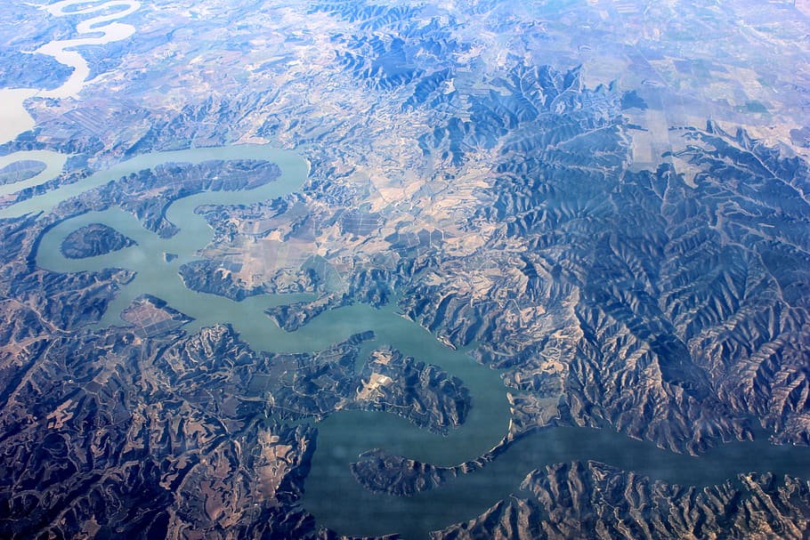 aerial view, landscape, spain, river, hilly landscape, plane view, air, forest, hill, environment