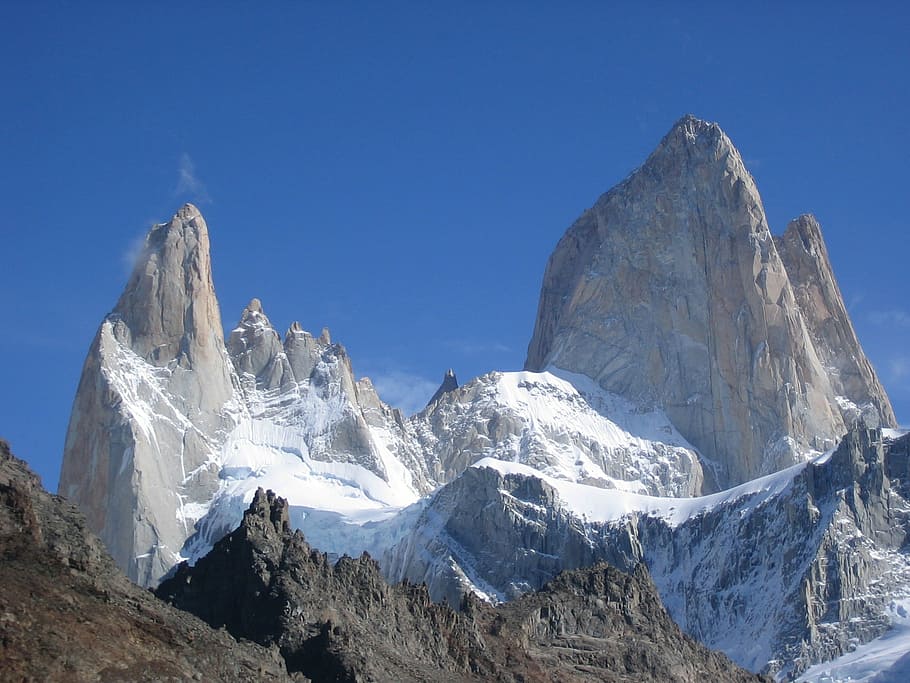 gunung, tertutup, salju, biru, langit, fitz roy, cerro torre, pegunungan, argentina, taman nasional