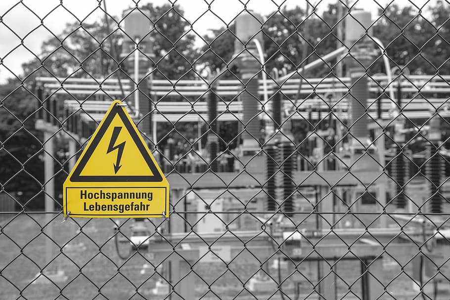 selective, colored, photography, yellow, signage, cyclone fence, energy, current, substation, high voltage