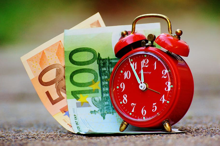 20, 100 euro banknotes, red, bell, time is money, the eleventh hour, bank note, clock, time, money bag