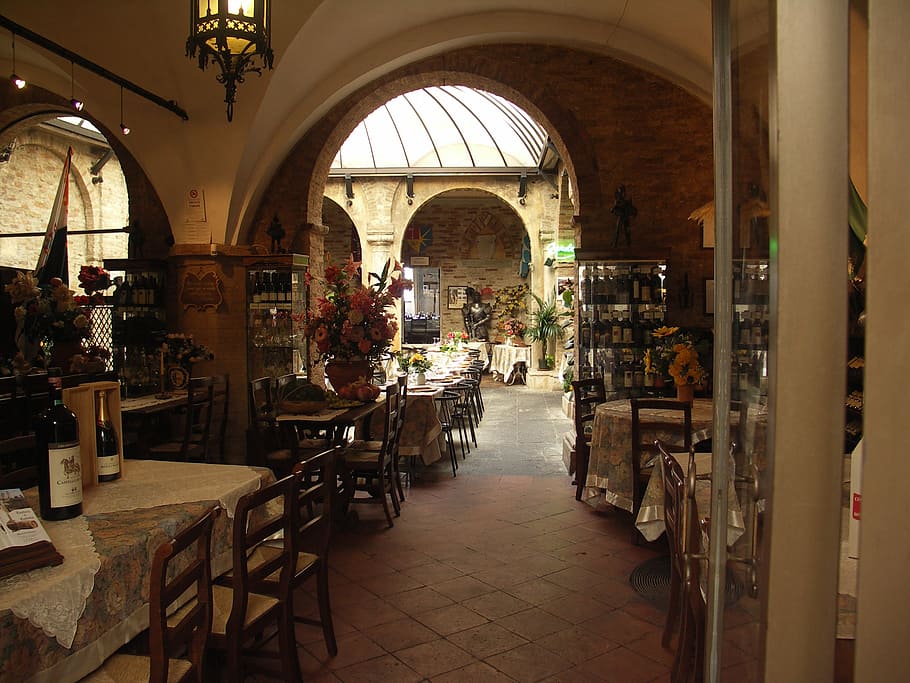 Tuscany, Pizzeria, San Gimignano, arch, indoors, restaurant, cafe, chair, food and drink, architecture