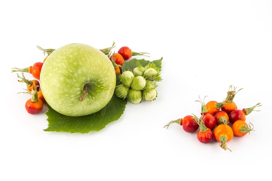 natureza morta, maçã, rosa mosqueta, noz, comida e bebida, alimentação saudável, comida, fruta, bem-estar, frescura