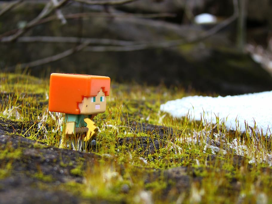 mini figura, hierba, siguiente, nieve, minecraft, alex, juguete, mundo real, pico, musgo