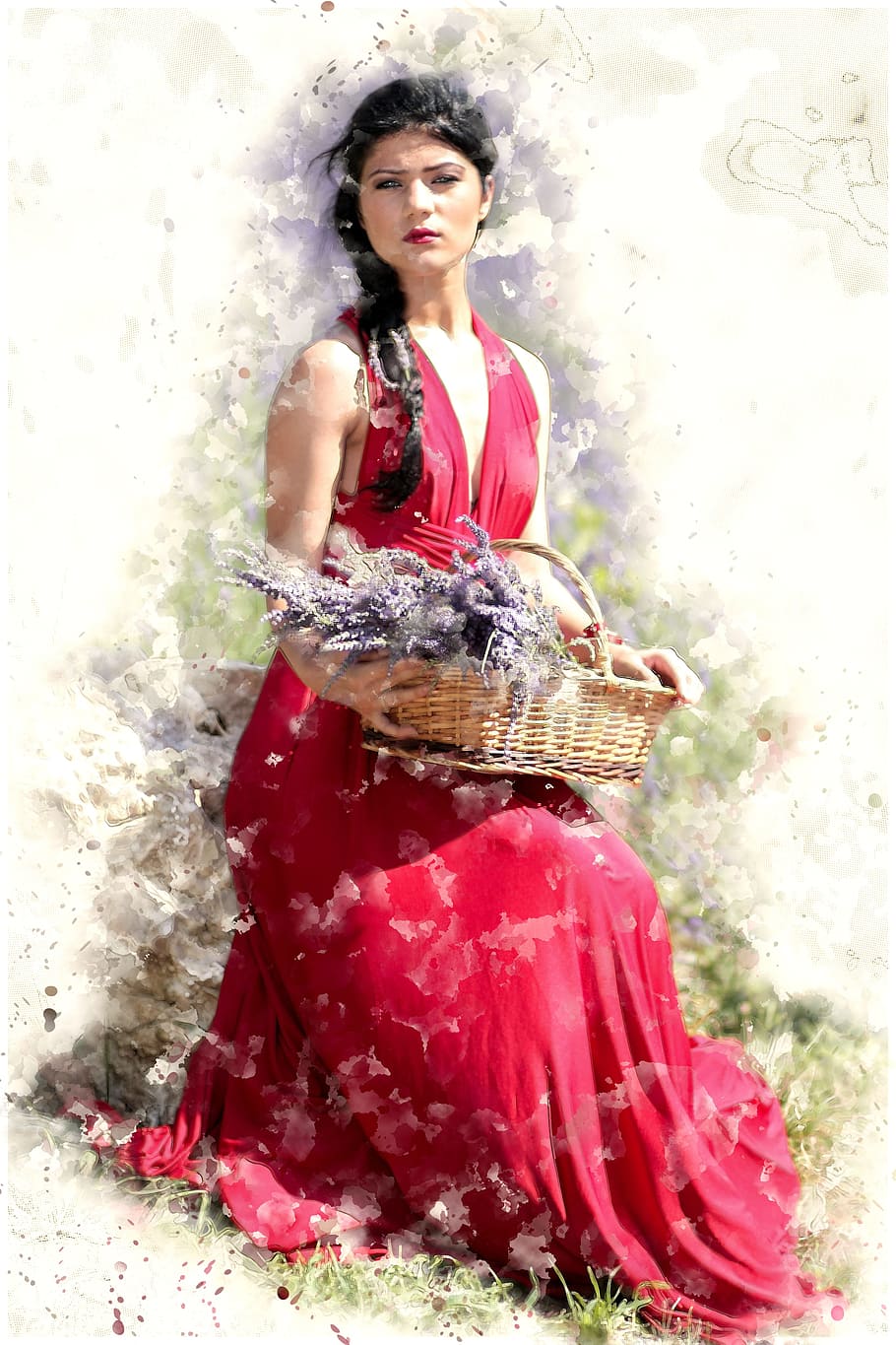 woman, carrying, basket artwork, girl, people, female, person, portrait, model, young