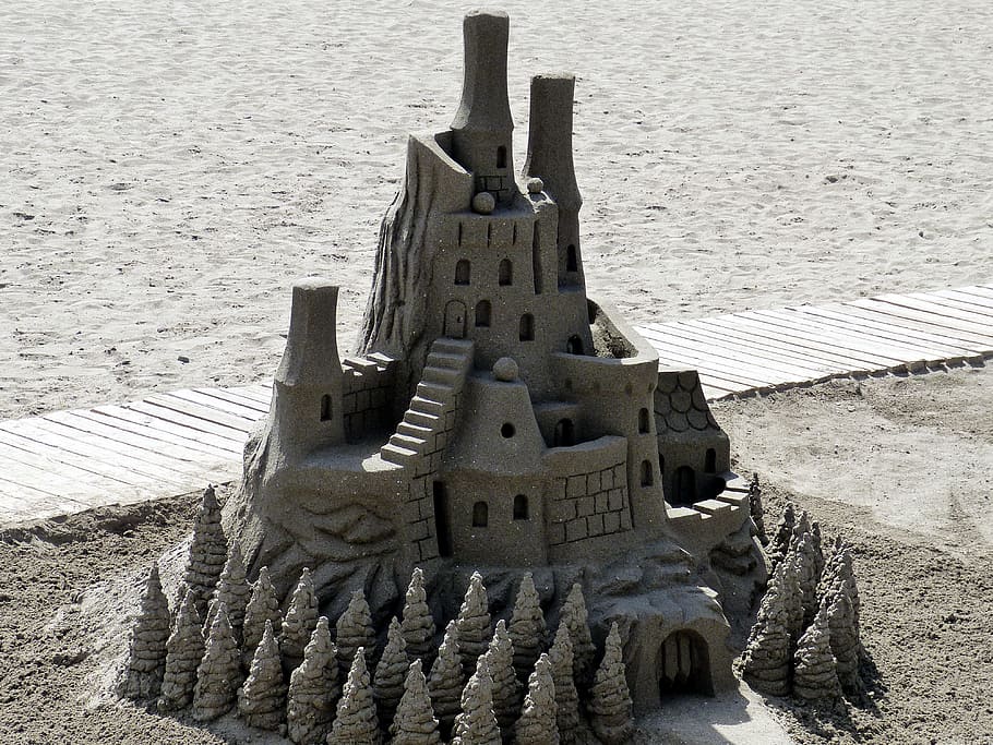 castelo de areia, colocado, ao lado de bege, de madeira, plataforma, Sandburg, areia, feriado, praia, escultura em areia