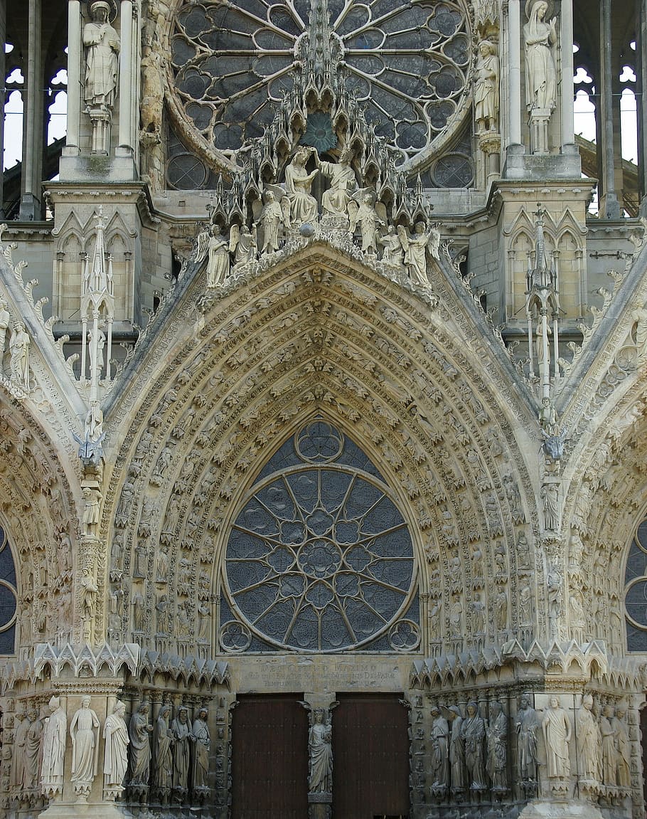 Reims, Cathedral, Rosette, reims, cathedral, french gothic architecture, portal, statues, religious, worship, religion