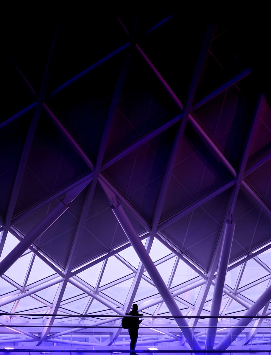 architecture, building, infrastructure, purple, light, people, travel, alone, built structure, indoors